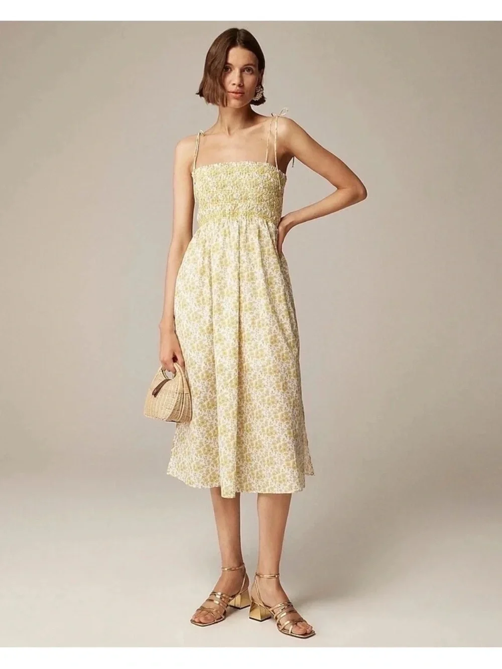 J. Crew X Liberty Yellow Floral Smocked Midi Dress